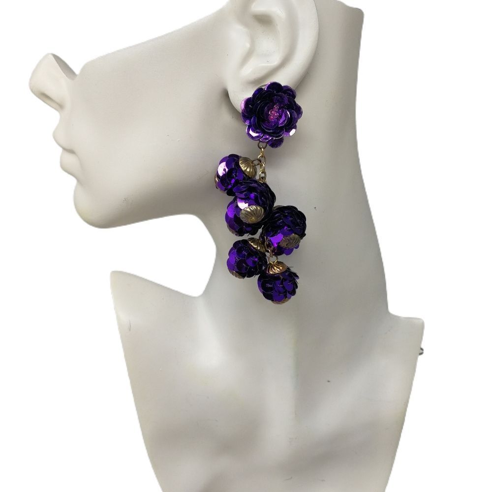 Vintage 1980s Purple Floral Cluster Statement Clip-On Earrings – 4”